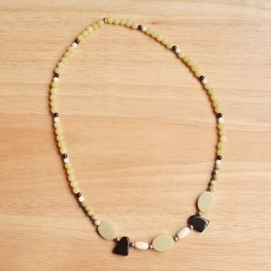 Green Jade Black Obsidian Real Stone White Bead Necklace Bohemian Silver Tone